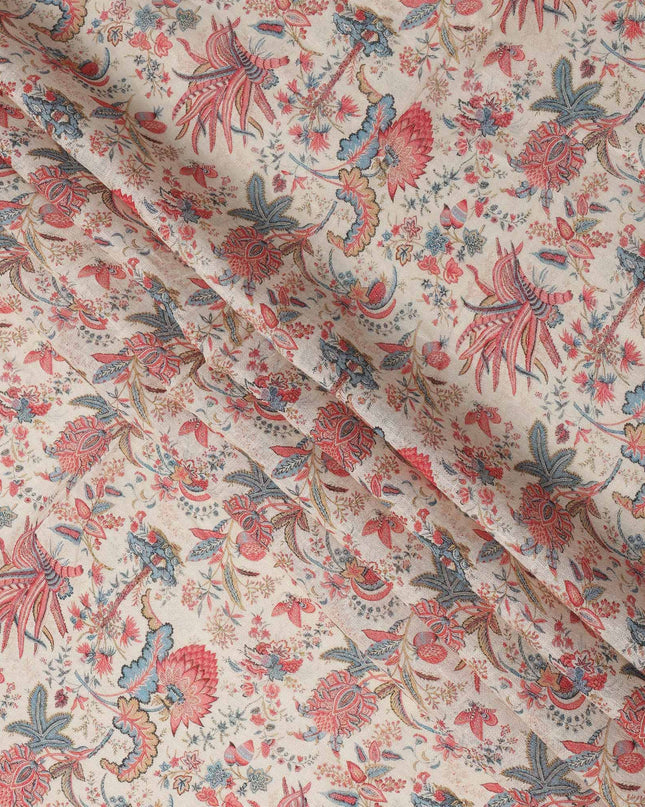 Beige Red Blue Floral Kalamkari Print Blended Linen Fabric, 110 Cms Width, Made in India-D26174