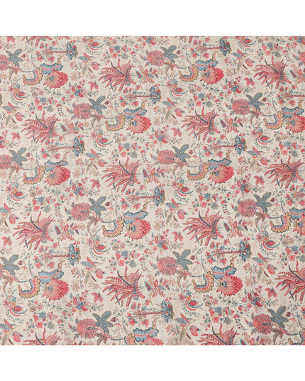 Beige Red Blue Floral Kalamkari Print Blended Linen Fabric, 110 Cms Width, Made in India-D26174
