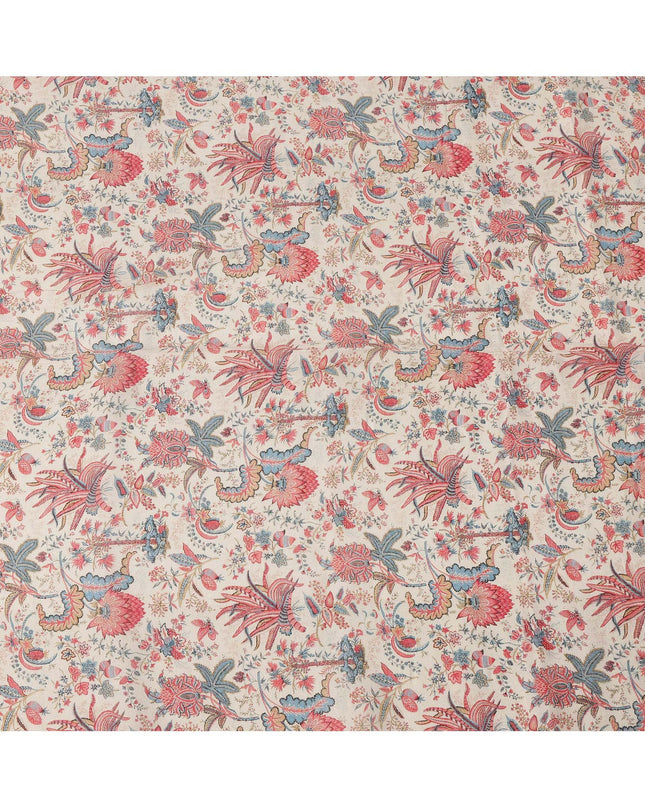 Beige Red Blue Floral Kalamkari Print Blended Linen Fabric, 110 Cms Width, Made in India-D26174