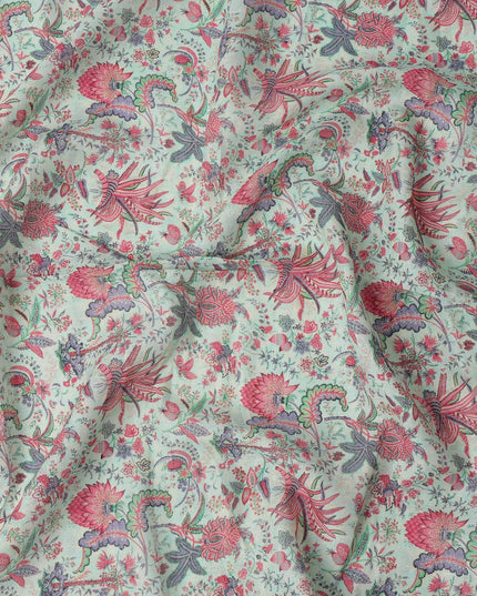 Mint Green Red Floral Kalamkari Print Blended Linen Fabric, 110 Cms Width, Made in India-D26175