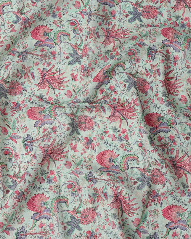 Mint Green Red Floral Kalamkari Print Blended Linen Fabric, 110 Cms Width, Made in India-D26175
