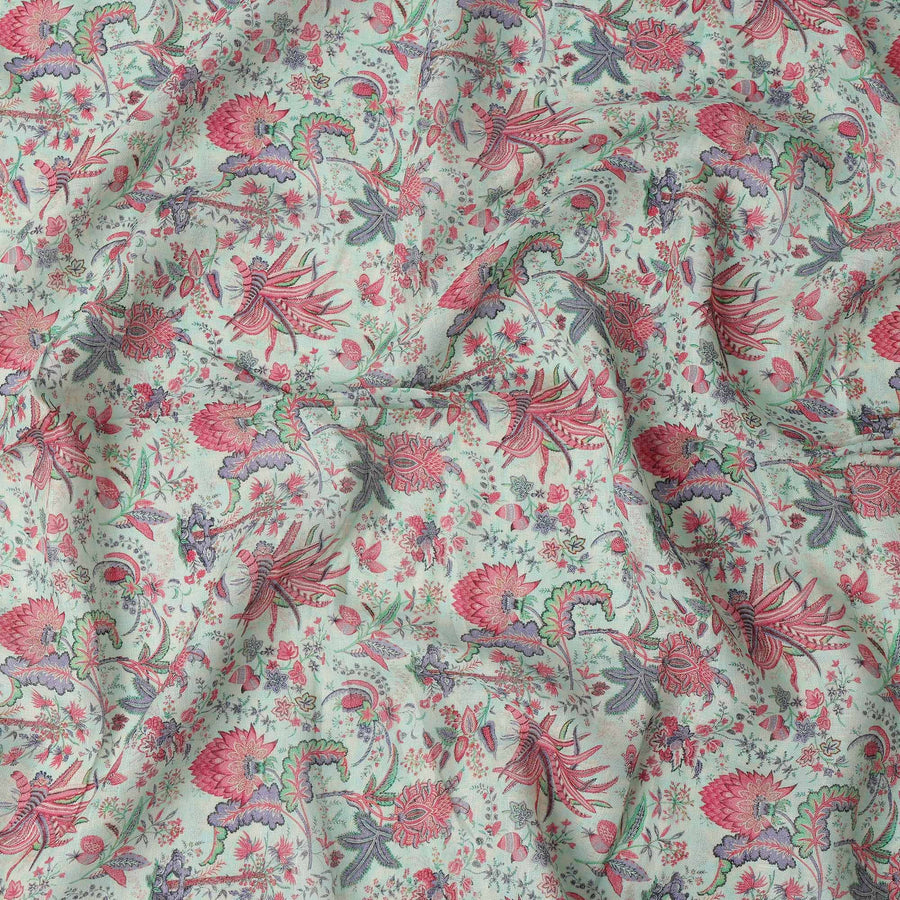 Mint Green Red Floral Kalamkari Print Blended Linen Fabric, 110 Cms Width, Made in India-D26175