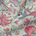 Mint Green Red Floral Kalamkari Print Blended Linen Fabric, 110 Cms Width, Made in India-D26175