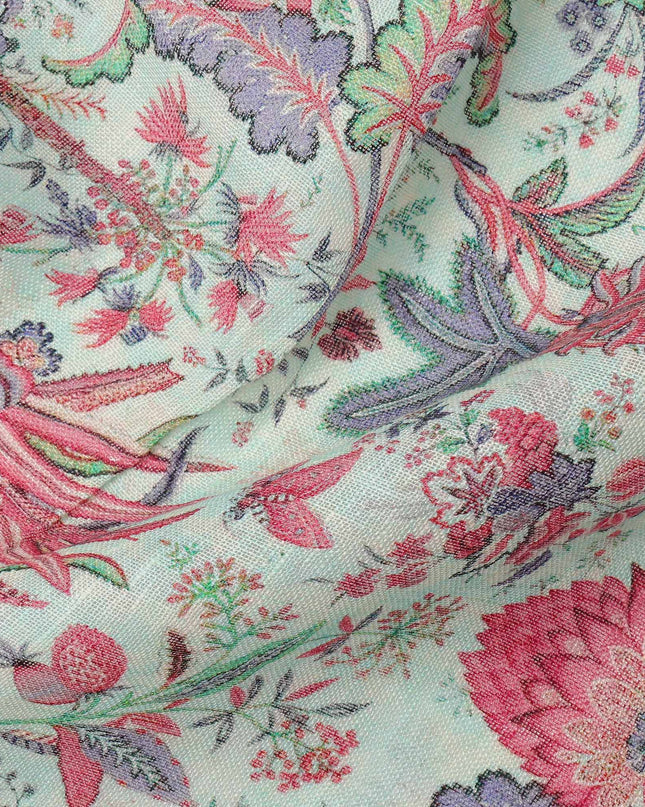 Mint Green Red Floral Kalamkari Print Blended Linen Fabric, 110 Cms Width, Made in India-D26175