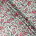 Mint Green Red Floral Kalamkari Print Blended Linen Fabric, 110 Cms Width, Made in India-D26175