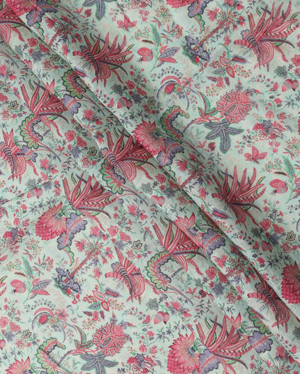 Mint Green Red Floral Kalamkari Print Blended Linen Fabric, 110 Cms Width, Made in India-D26175
