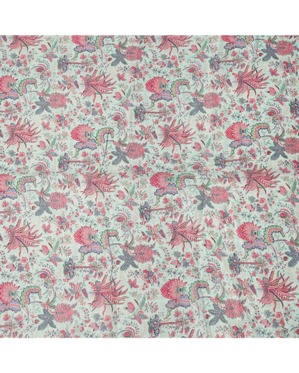 Mint Green Red Floral Kalamkari Print Blended Linen Fabric, 110 Cms Width, Made in India-D26175