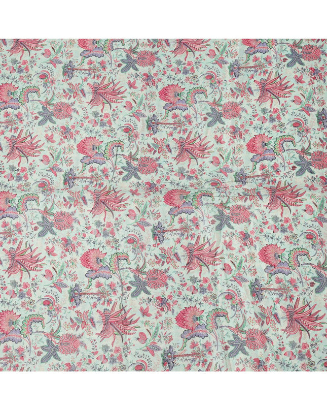 Mint Green Red Floral Kalamkari Print Blended Linen Fabric, 110 Cms Width, Made in India-D26175