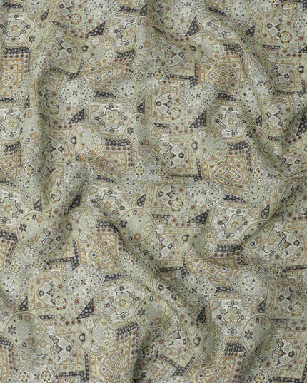 Sage Green Beige Geometric Floral Ajrakh Print Blended Linen Fabric, 110 Cms Width, Made in India-D26180