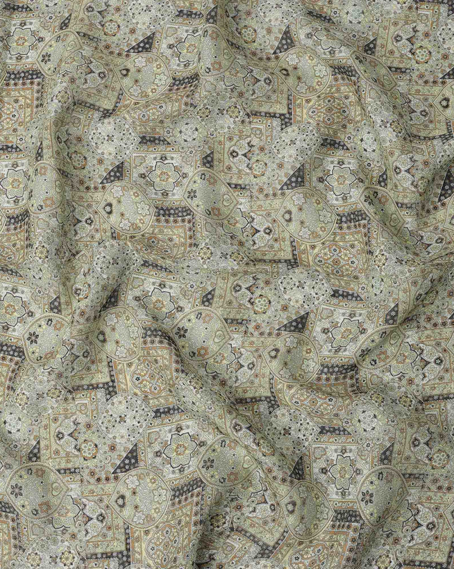 Sage Green Beige Geometric Floral Ajrakh Print Blended Linen Fabric, 110 Cms Width, Made in India-D26180