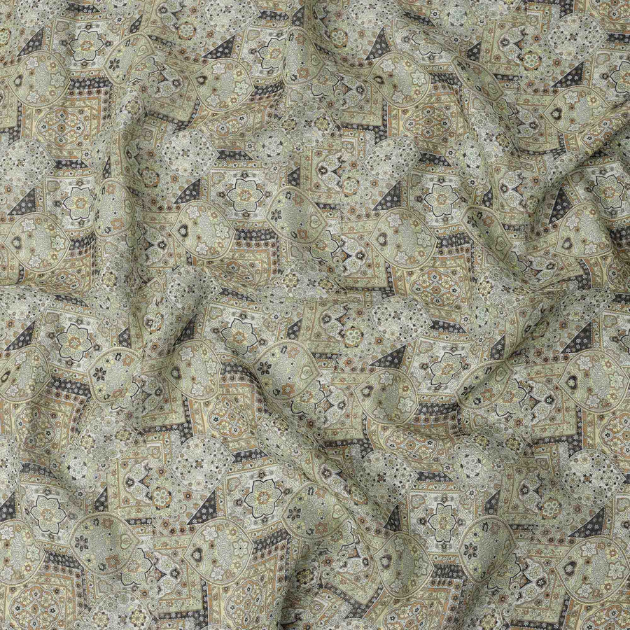 Sage Green Beige Geometric Floral Ajrakh Print Blended Linen Fabric, 110 Cms Width, Made in India-D26180