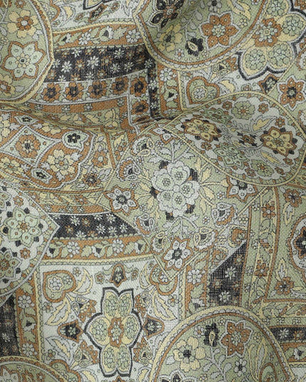 Sage Green Beige Geometric Floral Ajrakh Print Blended Linen Fabric, 110 Cms Width, Made in India-D26180