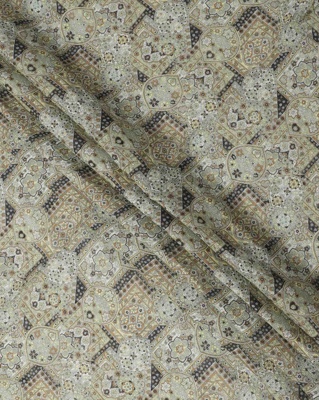Sage Green Beige Geometric Floral Ajrakh Print Blended Linen Fabric, 110 Cms Width, Made in India-D26180
