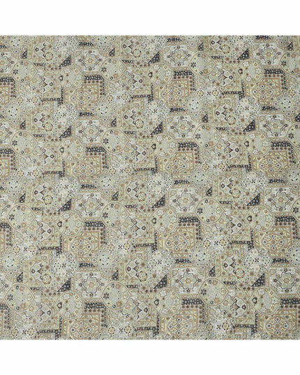 Sage Green Beige Geometric Floral Ajrakh Print Blended Linen Fabric, 110 Cms Width, Made in India-D26180