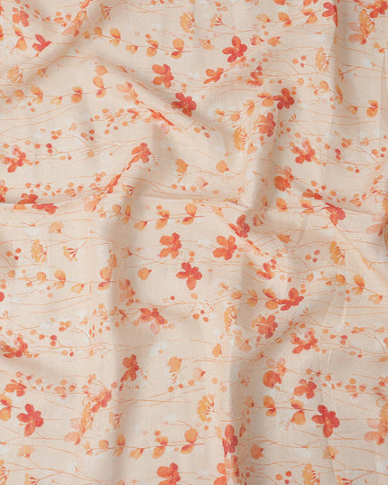 Beige Orange Floral Vine Watercolor Print Blended Linen Fabric, 110 Cms Width, Made in India-D26177