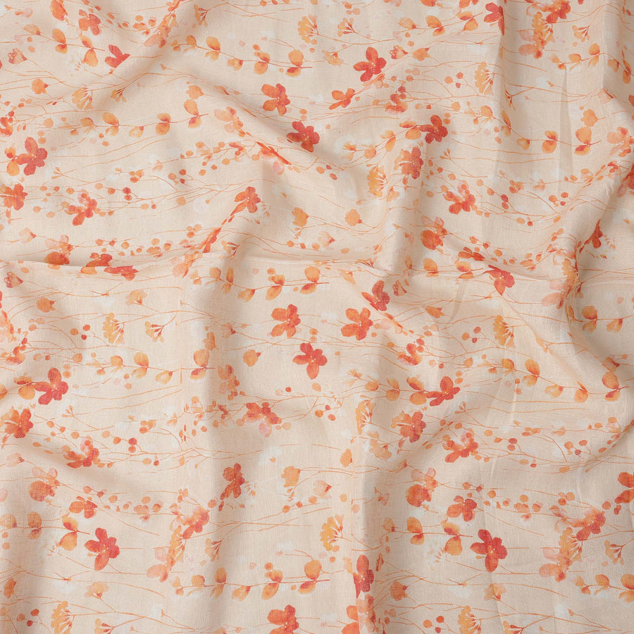 Beige Orange Floral Vine Watercolor Print Blended Linen Fabric, 110 Cms Width, Made in India-D26177