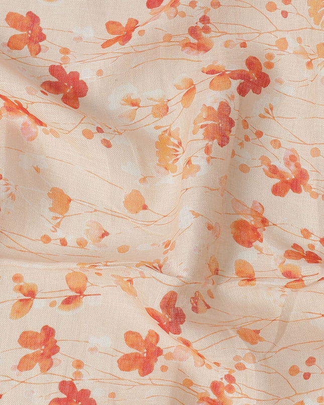 Beige Orange Floral Vine Watercolor Print Blended Linen Fabric, 110 Cms Width, Made in India-D26177