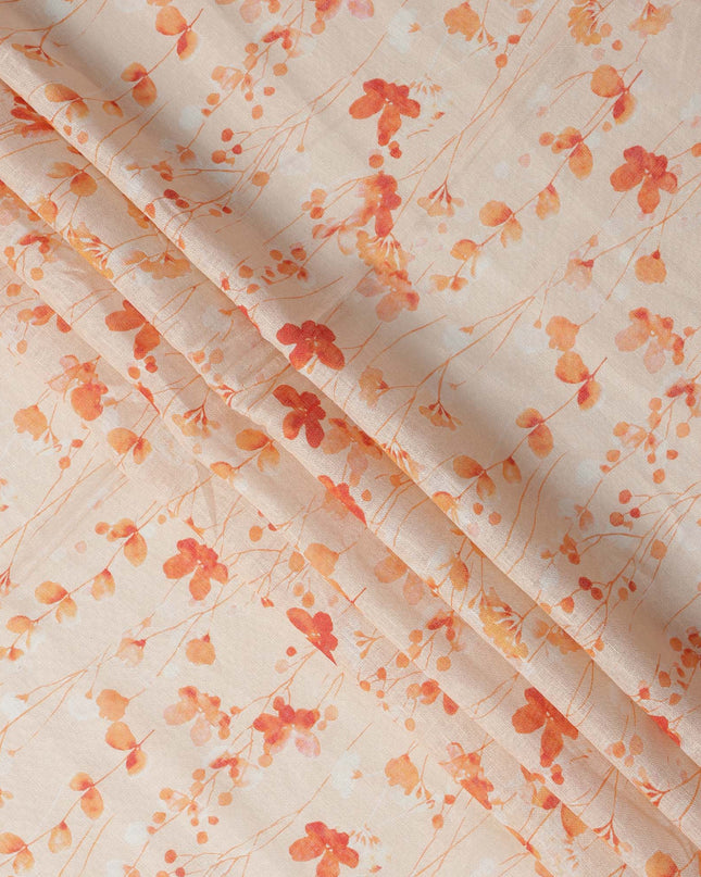 Beige Orange Floral Vine Watercolor Print Blended Linen Fabric, 110 Cms Width, Made in India-D26177