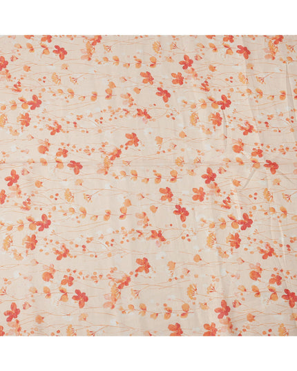 Beige Orange Floral Vine Watercolor Print Blended Linen Fabric, 110 Cms Width, Made in India-D26177