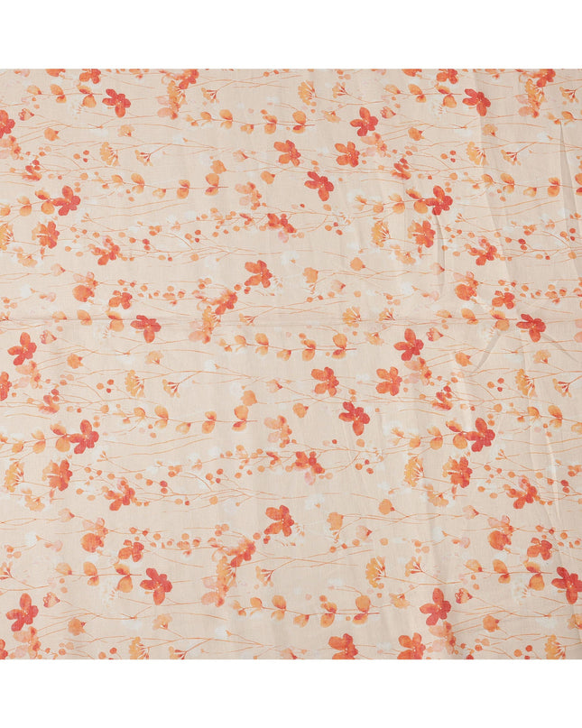 Beige Orange Floral Vine Watercolor Print Blended Linen Fabric, 110 Cms Width, Made in India-D26177