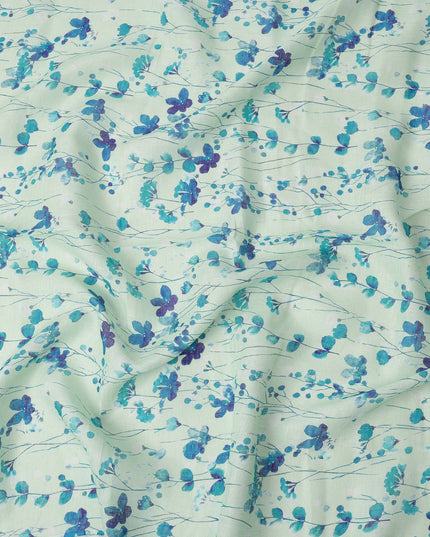 Mint Green Blue Floral Vine Watercolor Print Blended Linen Fabric, 110 Cms Width, Made in India-D26178
