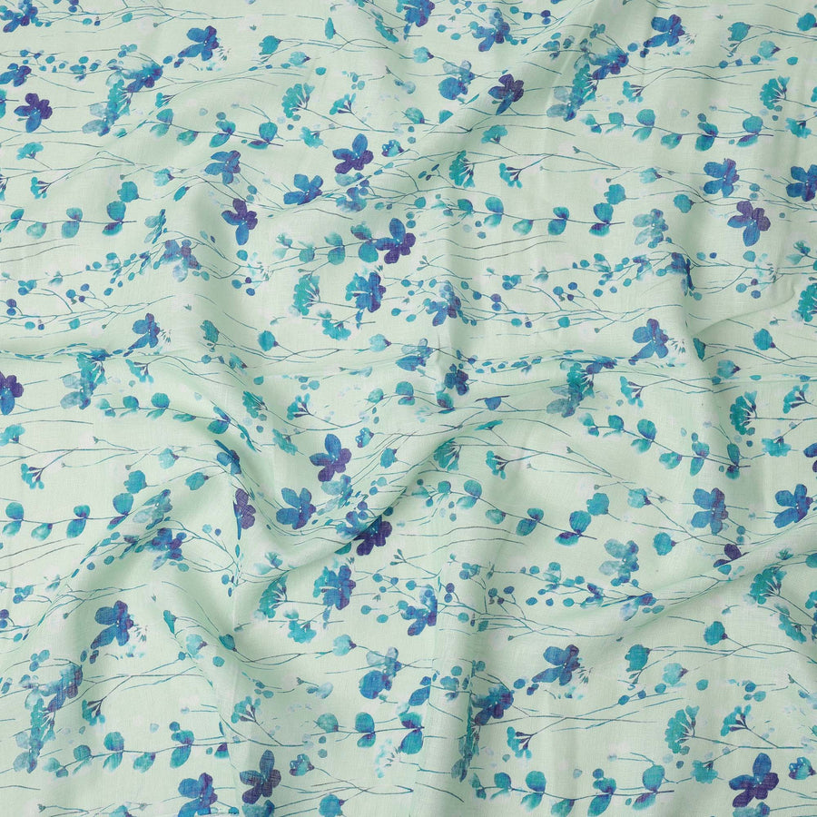 Mint Green Blue Floral Vine Watercolor Print Blended Linen Fabric, 110 Cms Width, Made in India-D26178