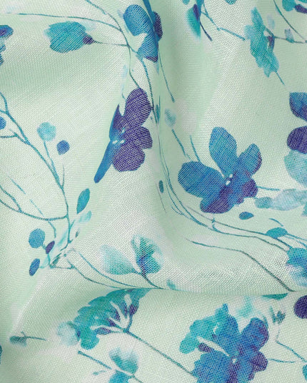 Mint Green Blue Floral Vine Watercolor Print Blended Linen Fabric, 110 Cms Width, Made in India-D26178