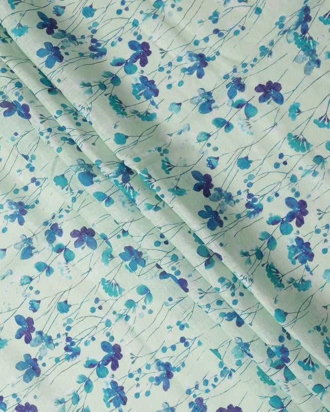 Mint Green Blue Floral Vine Watercolor Print Blended Linen Fabric, 110 Cms Width, Made in India-D26178