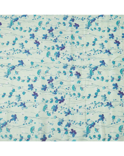 Mint Green Blue Floral Vine Watercolor Print Blended Linen Fabric, 110 Cms Width, Made in India-D26178