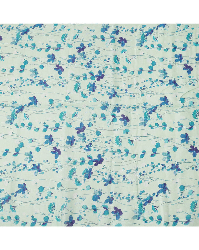Mint Green Blue Floral Vine Watercolor Print Blended Linen Fabric, 110 Cms Width, Made in India-D26178