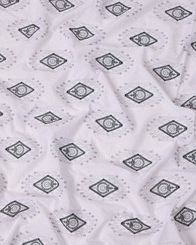 White Cotton Voile Embroidery Fabric with Black Geometric Motif Design, Width 110 Cms, India-D25305