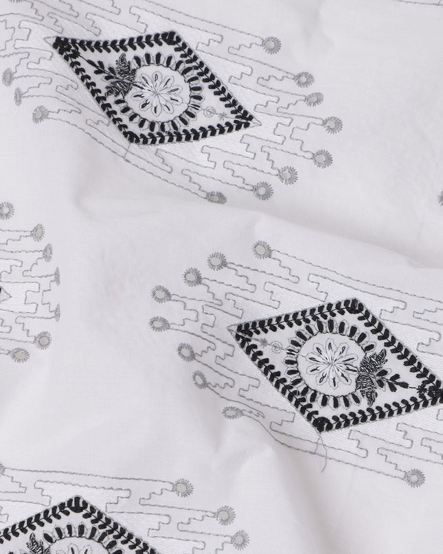 White Cotton Voile Embroidery Fabric with Black Geometric Motif Design, Width 110 Cms, India-D25305