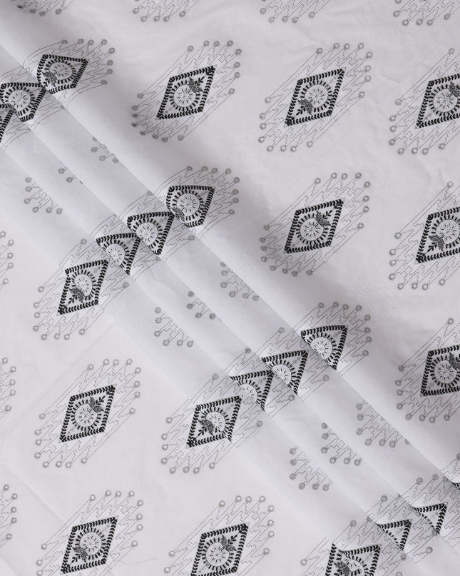 White Cotton Voile Embroidery Fabric with Black Geometric Motif Design, Width 110 Cms, India-D25305