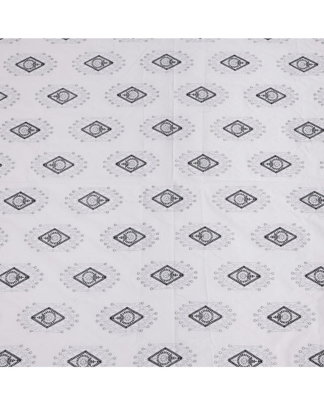 White Cotton Voile Embroidery Fabric with Black Geometric Motif Design, Width 110 Cms, India-D25305