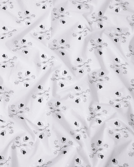 White and Black Floral Embroidered Cotton Voile Fabric, 110 Cms Width, India-D25191