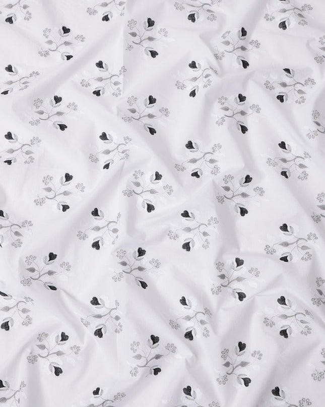 White and Black Floral Embroidered Cotton Voile Fabric, 110 Cms Width, India-D25191