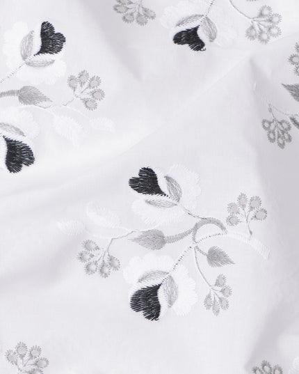 White and Black Floral Embroidered Cotton Voile Fabric, 110 Cms Width, India-D25191