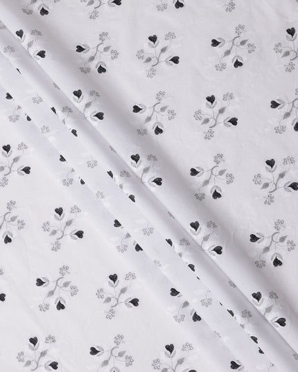 White and Black Floral Embroidered Cotton Voile Fabric, 110 Cms Width, India-D25191