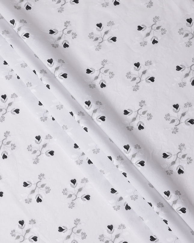 White and Black Floral Embroidered Cotton Voile Fabric, 110 Cms Width, India-D25191