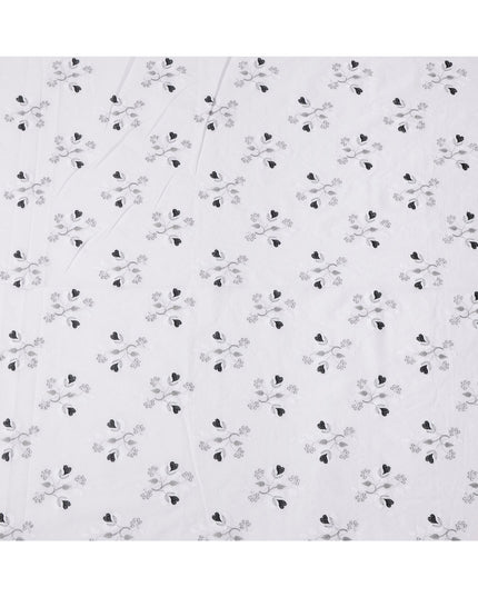 White and Black Floral Embroidered Cotton Voile Fabric, 110 Cms Width, India-D25191