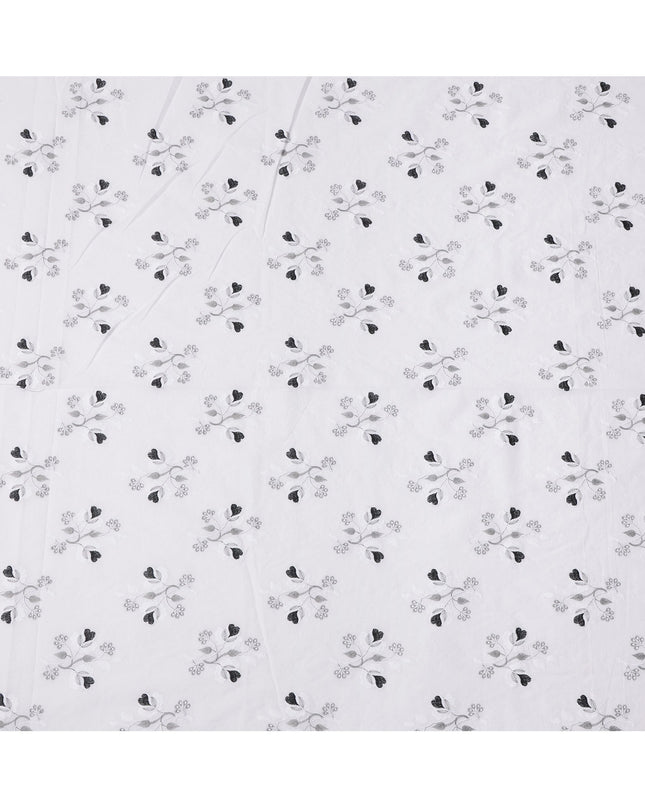 White and Black Floral Embroidered Cotton Voile Fabric, 110 Cms Width, India-D25191