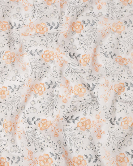 White and Orange Floral Embroidered Cotton Voile Fabric, 110 Cms Width, India-D25197
