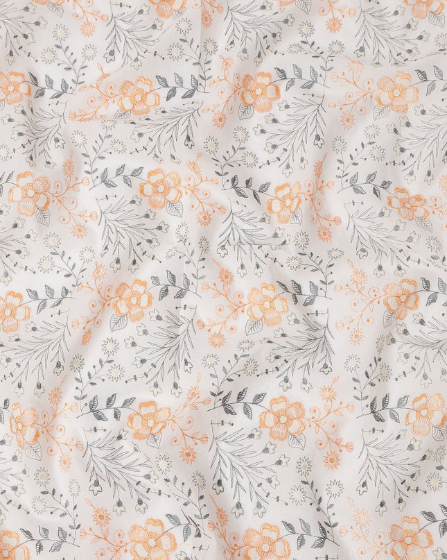 White and Orange Floral Embroidered Cotton Voile Fabric, 110 Cms Width, India-D25197