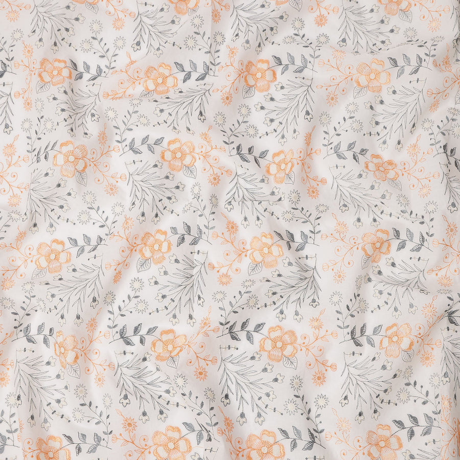 White and Orange Floral Embroidered Cotton Voile Fabric, 110 Cms Width, India-D25197