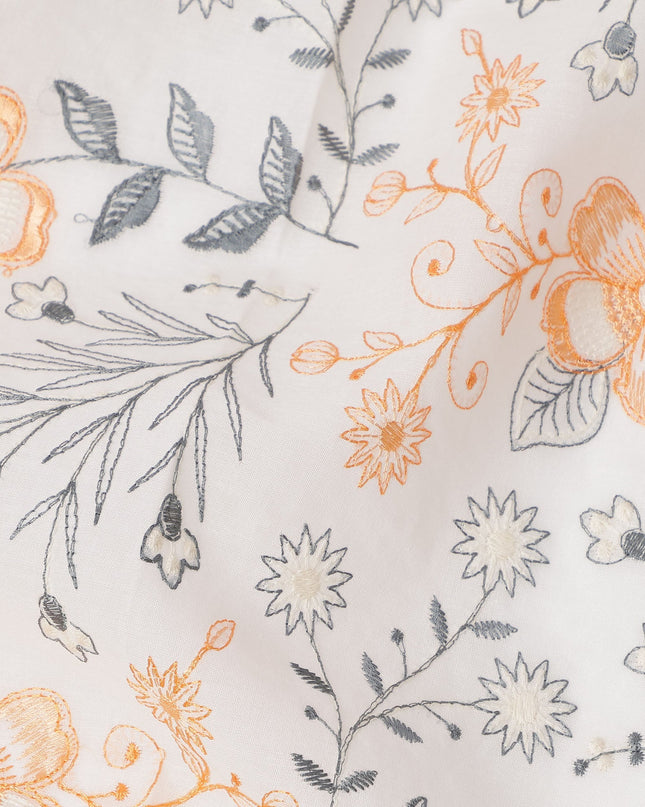 White and Orange Floral Embroidered Cotton Voile Fabric, 110 Cms Width, India-D25197
