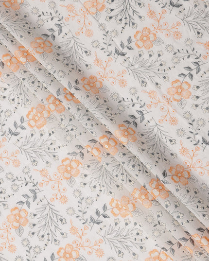 White and Orange Floral Embroidered Cotton Voile Fabric, 110 Cms Width, India-D25197