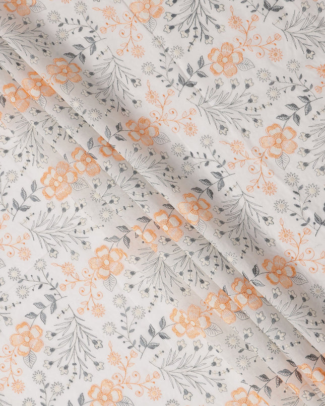 White and Orange Floral Embroidered Cotton Voile Fabric, 110 Cms Width, India-D25197