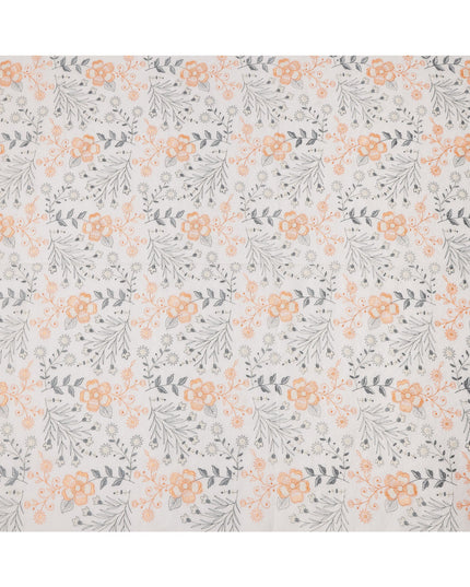 White and Orange Floral Embroidered Cotton Voile Fabric, 110 Cms Width, India-D25197