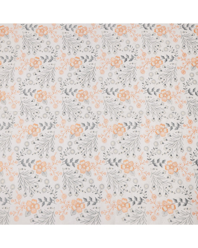 White and Orange Floral Embroidered Cotton Voile Fabric, 110 Cms Width, India-D25197
