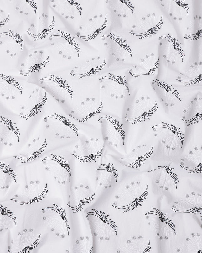 White and Black Abstract Floral Embroidered Cotton Voile Fabric, 110 Cms Width, India-D25195